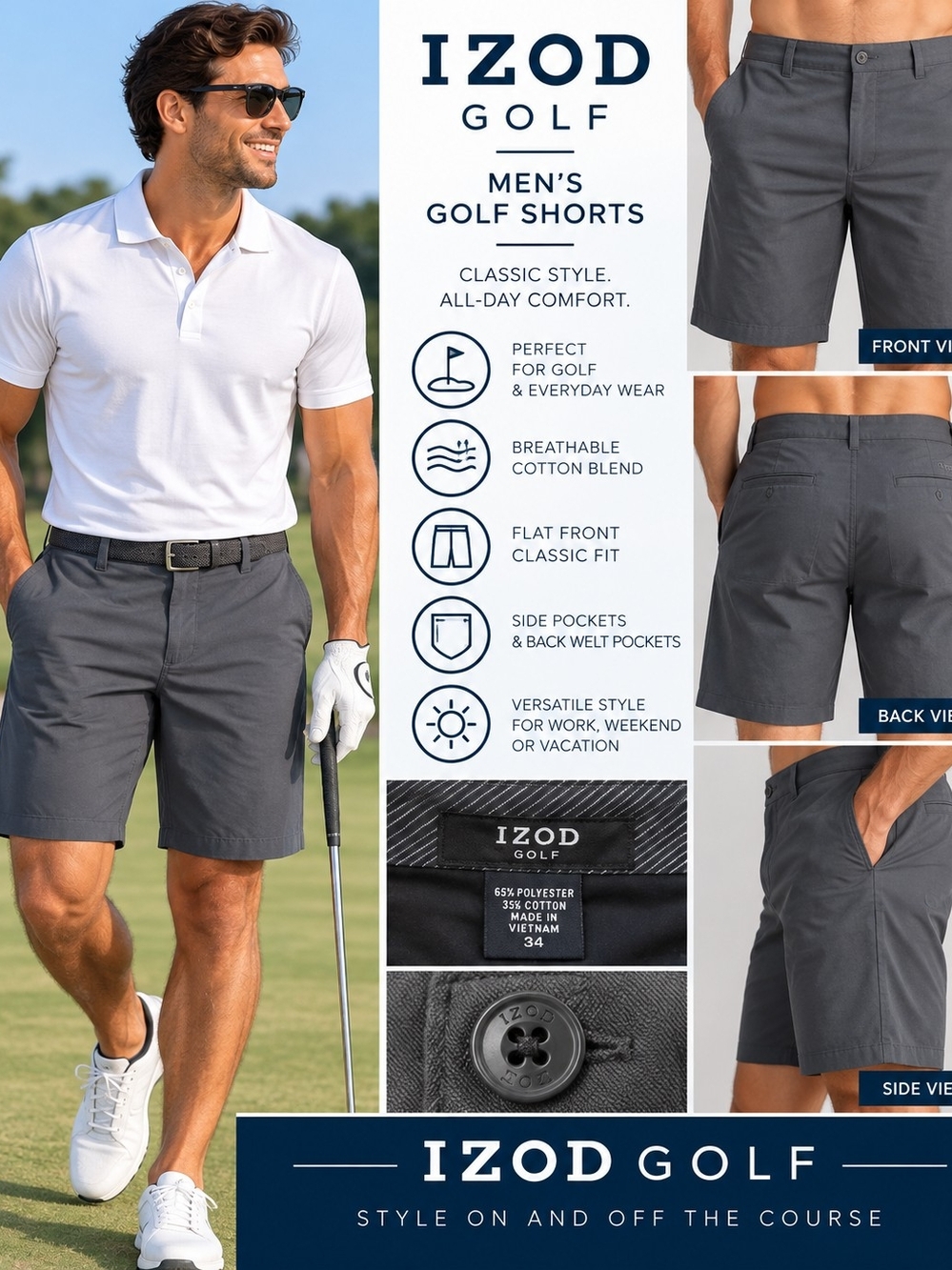 IZOD Golf Men's Shorts Size 34 Charcoal Gray Flat Front